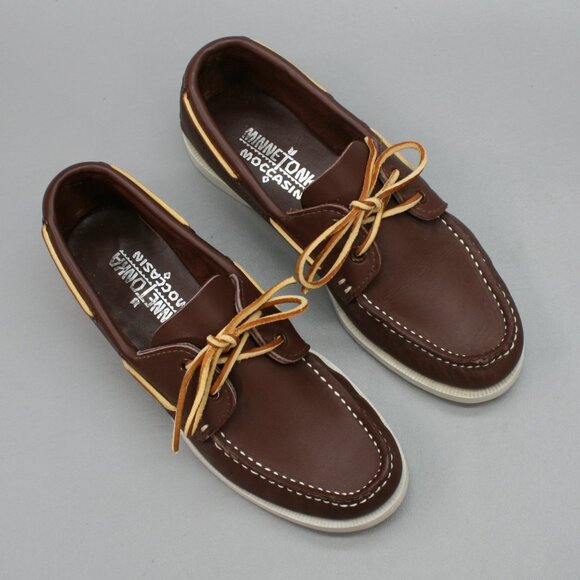 Minnetonka Ladies 7.5 Brown Leather Moccasin Loafers Slip on Boat Dock Shoes - Picture 6 of 12